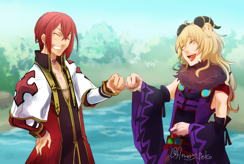 2boys archbishop_(ragnarok_online) bangs belt black_sleeves blonde_hair choker closed_eyes coat collarbone commentary_request cowboy_shot day demon_horns detached_sleeves eyebrows_visible_through_hair fake_horns fist_bump flowery_peko fur_collar grass grin hand_on_hip happy horn_ornament horns long_hair long_sleeves looking_at_another male_focus multiple_boys official_alternate_costume open_mouth outdoors pond purple_shirt purple_sleeves ragnarok_online red_belt red_coat red_eyes shirt short_hair signature smile sorcerer_(ragnarok_online) standing teeth tree two-tone_coat two-tone_sleeves water white_coat