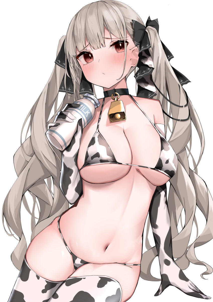 1girl absurdres animal_print azur_lane bell bell_collar bikini black_ribbon bottle breasts collar commentary_request cow_print cowbell elbow_gloves formidable_(azur_lane) gloves hair_ribbon highres holding holding_bottle large_breasts long_hair milk milk_bottle navel nephthys2356 red_eyes ribbon simple_background solo swimsuit twintails two-tone_ribbon white_background white_gloves white_ribbon