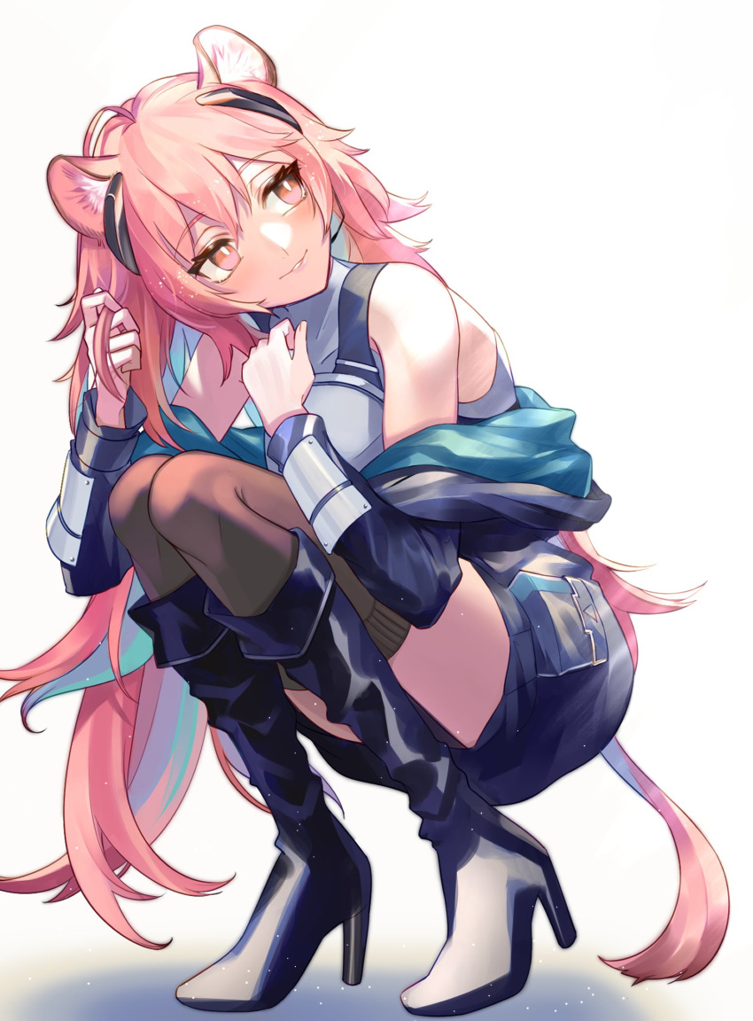 1girl animal_ear_fluff animal_ears arknights armor barcode_tattoo blush boots breastplate breasts brown_eyes brown_jacket brown_legwear earpiece eyebrows_visible_through_hair fur-trimmed_jacket fur_trim geta_(epicure_no12) gradient gradient_background gravel_(arknights) hair_between_eyes headgear headphones highres jacket lips long_sleeves looking_at_viewer medium_breasts medium_hair mouse_girl open_clothes open_jacket partial_bodysuit pink_hair solo squatting tail tattoo thigh-highs thigh_boots white_background