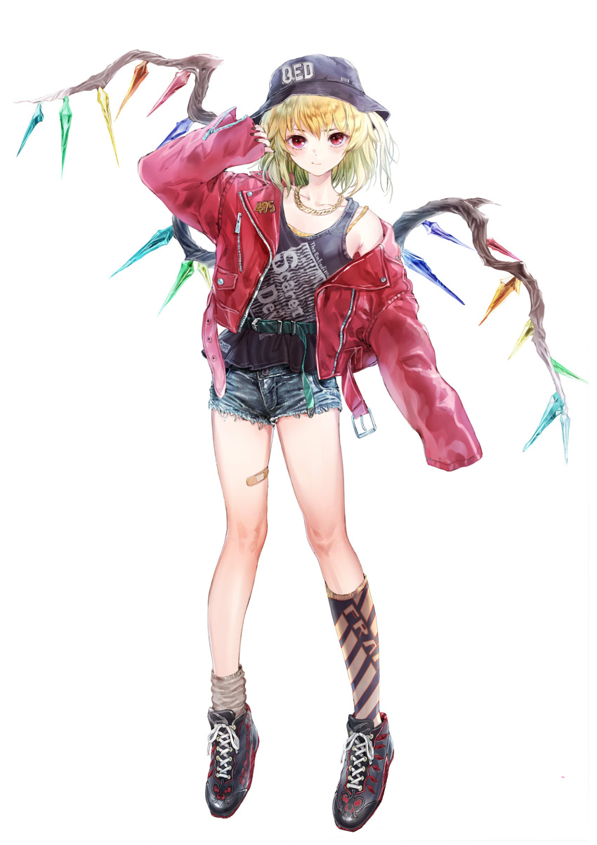 1girl bandaid bandaid_on_leg belt black_headwear black_tank_top blonde_hair boots casual chain_necklace commentary_request crystal denim denim_shorts flandre_scarlet full_body hat highres jacket kishida_mel kneehighs leather leather_jacket looking_at_viewer loose_socks medium_hair mismatched_legwear red_eyes red_jacket shoes shorts sleeves_past_fingers sleeves_past_wrists sneakers solo tank_top touhou white_background wings