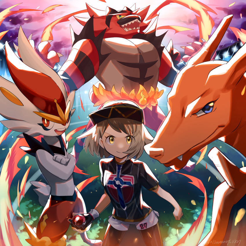 1girl absurdres baseball_cap bob_cut brown_hair champion_uniform charizard cinderace clenched_hand closed_mouth commentary_request dynamax_band eyelashes fire gen_1_pokemon gen_7_pokemon gen_8_pokemon gloria_(pokemon) gloves hat highres holding holding_poke_ball huge_filesize incineroar leggings miyukiyo number poke_ball poke_ball_(basic) pokemon pokemon_(creature) pokemon_(game) pokemon_swsh shirt short_hair short_shorts short_sleeves shorts single_glove smile white_shorts yellow_eyes