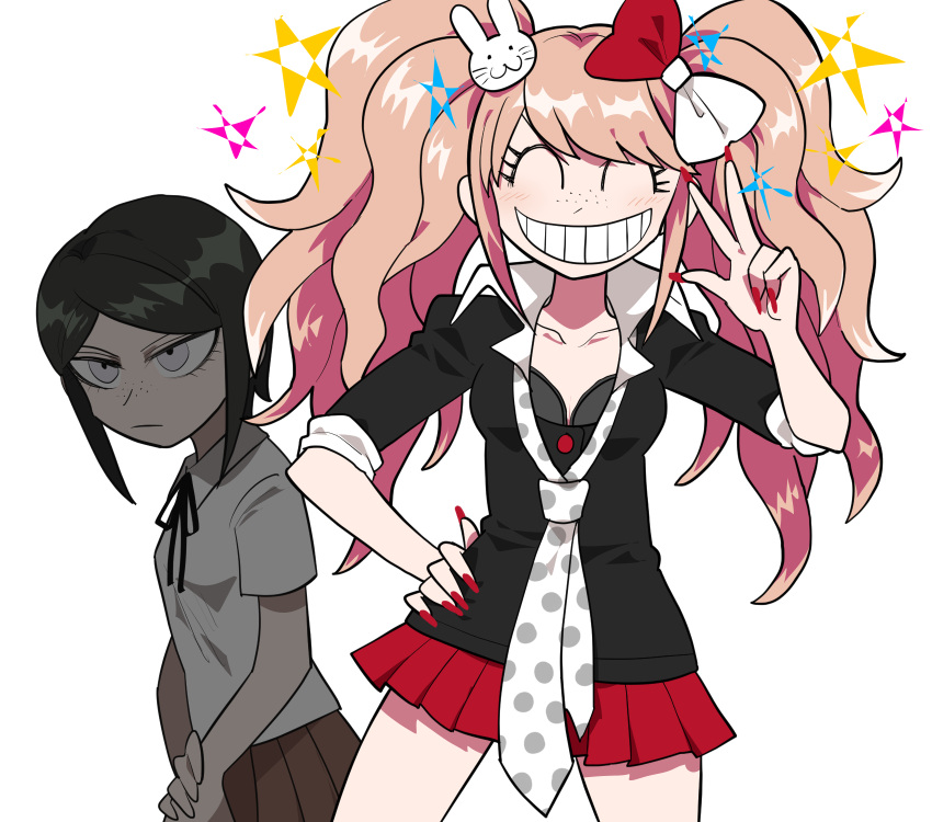2girls bangs black_bra black_shirt blush bow bra breasts brown_hair bunny_hair_ornament closed_eyes collarbone commentary_request cosplay cowboy_shot dangan_ronpa:_trigger_happy_havoc dangan_ronpa_(series) dual_persona enoshima_junko enoshima_junko_(cosplay) facing_viewer fingernails freckles frown furukawa_(yomawari) grey_background grin hair_ornament hand_on_hip hand_up highres ikusaba_mukuro long_fingernails long_hair miniskirt multiple_girls nail_polish necktie pale_skin pleated_skirt polka_dot_neckwear red_bow red_nails red_skirt shiny shiny_hair shirt short_hair short_sleeves siblings simple_background sisters skirt sleeves_rolled_up small_breasts smile sparkle spoilers twintails two-tone_bow underwear w white_bow
