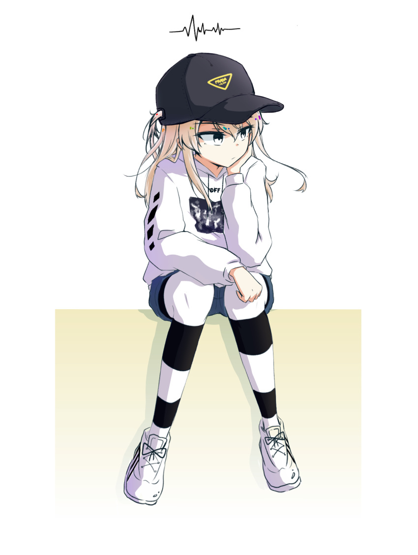 1girl bangs baseball_cap black_headwear black_legwear blue_shorts casual closed_mouth commentary_request cross-laced_footwear drawstring full_body girls_und_panzer hat head_rest highres korean_commentary legwear_under_shorts light_brown_eyes light_brown_hair light_frown long_hair long_sleeves looking_to_the_side pantyhose print_headwear print_sweater shadow shimada_arisu shoes short_shorts shorts sitting sneakers solo squiggle striped striped_legwear sweater white_footwear white_sweater yu_arin