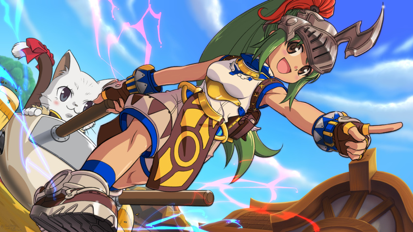 1girl :3 anime_coloring armored_shoes bangs blue_legwear blue_sky blush bow breasts brown_eyes brown_gloves cart cat clouds commentary_request dated day dutch_angle eyes_visible_through_hair fan_zhong fingerless_gloves full_body furry gloves green_eyes helmet highres house lightning long_hair looking_at_viewer medium_breasts open_mouth outdoors pants pelvic_curtain plume pointing pointing_forward pouch ragnarok_online red_bow red_lightning shirt signature sky sleeveless sleeveless_shirt socks summoner_(ragnarok_online) super_novice_(ragnarok_online) tail tail_bow tail_ornament tree very_long_hair visor_(armor) walking white_pants white_shirt