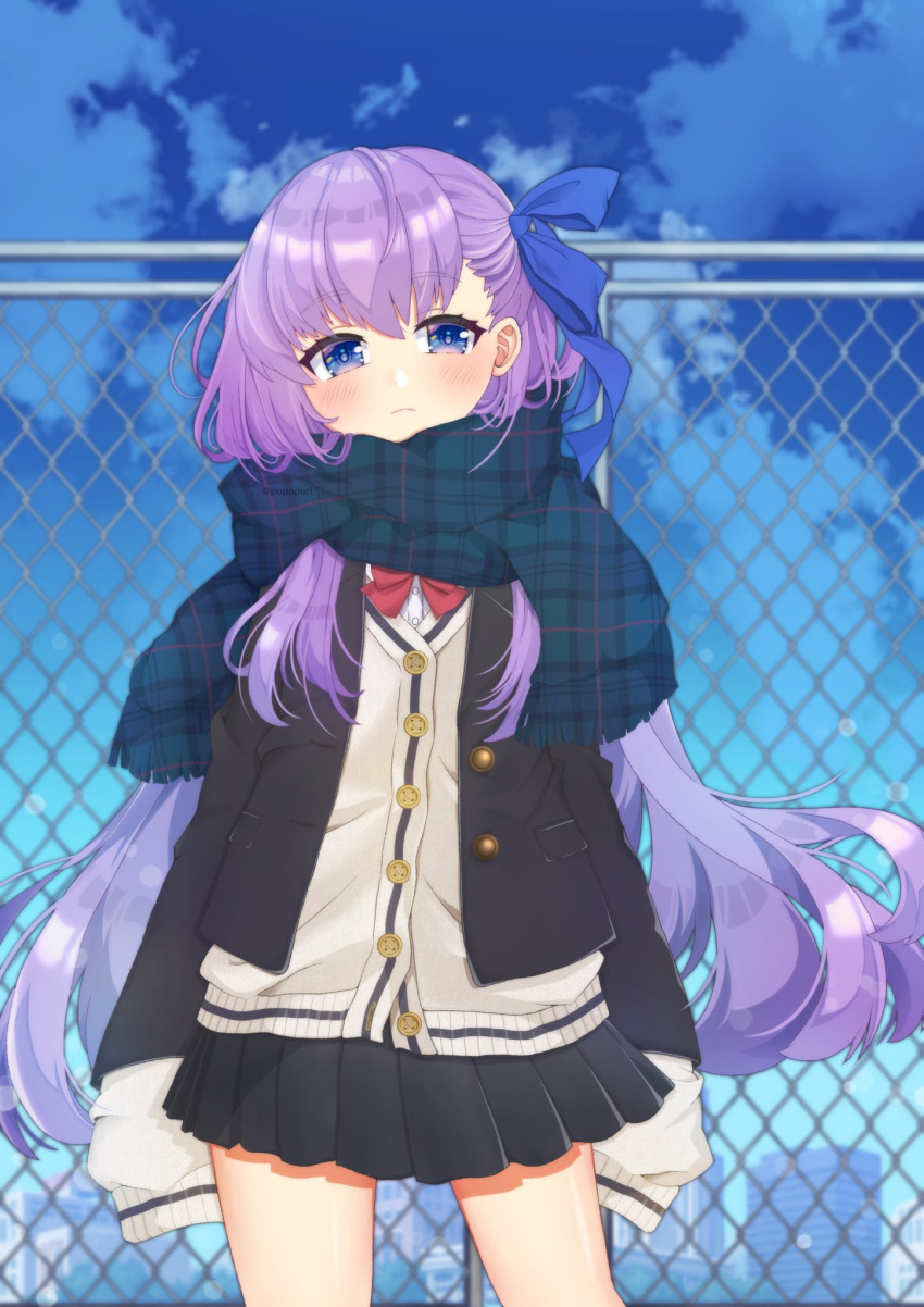 1girl alternate_costume bangs black_jacket black_skirt blazer blue_bow blue_eyes blue_scarf blue_sky blurry blurry_background blush bow brown_cardigan cardigan chain-link_fence cityscape closed_mouth clouds commentary_request day depth_of_field eyebrows_visible_through_hair fate/extra fate/extra_ccc fate_(series) fence fringe_trim hair_between_eyes hair_bow highres jacket light_frown long_hair long_sleeves looking_at_viewer meltryllis open_blazer open_clothes open_jacket outdoors plaid plaid_scarf pleated_skirt popo_(popopuri) purple_hair red_bow scarf school_uniform skirt sky sleeves_past_fingers sleeves_past_wrists solo standing very_long_hair