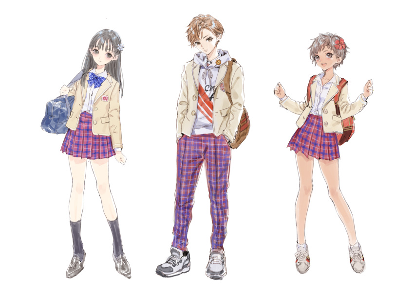 1boy 2girls absurdres backpack bag bare_legs black_eyes black_hair black_legwear blazer blue_neckwear bow bowtie brown_hair commentary_request dark_skin flower full_body hair_flower hair_ornament highres hood hoodie jacket kishida_mel kneehighs loafers long_hair long_sleeves looking_at_viewer multiple_girls original pants plaid plaid_pants plaid_skirt pleated_skirt school_bag school_uniform shirt shoes short_hair shoulder_bag skirt sneakers white_background white_shirt