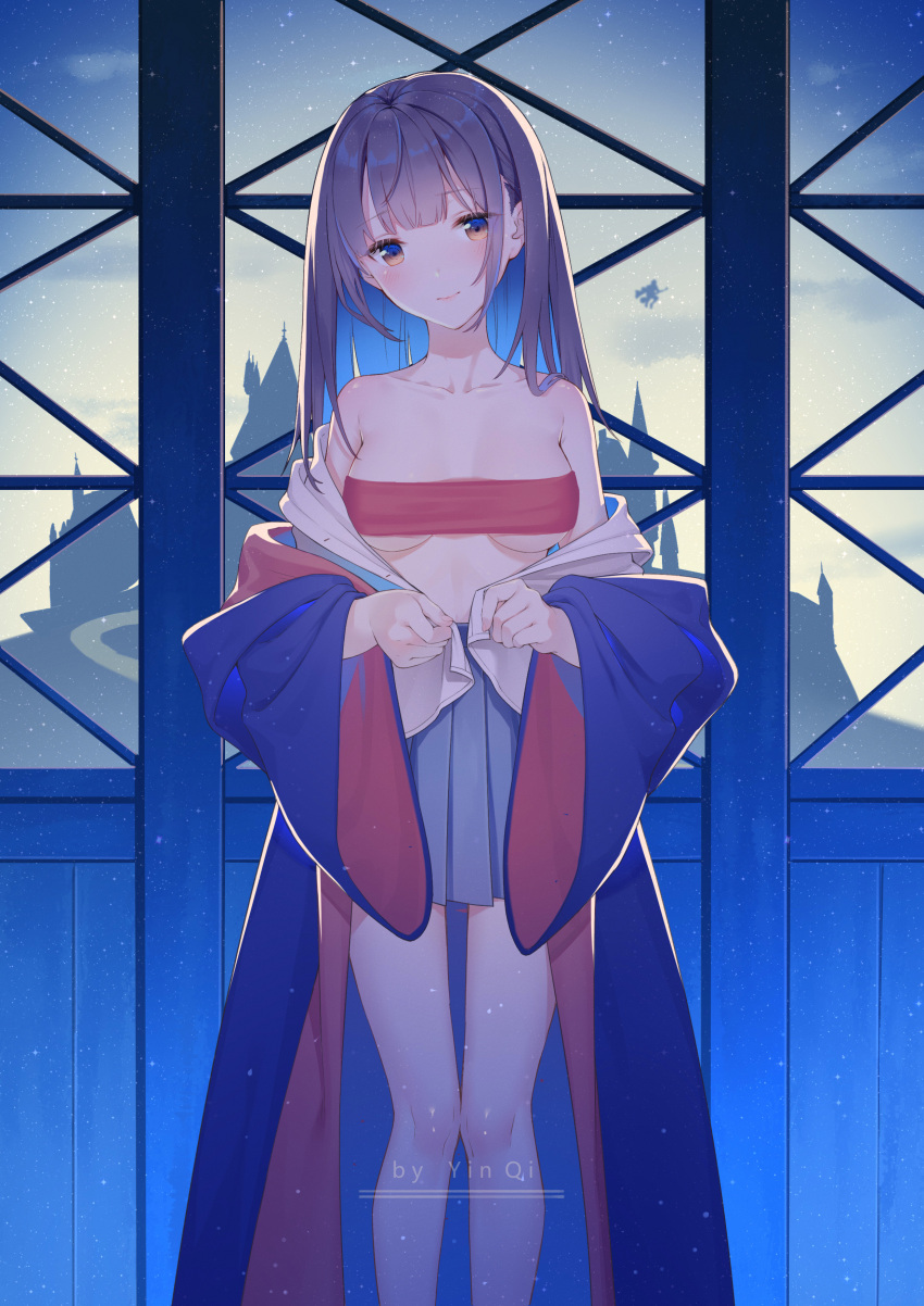 1girl absurdres artist_name bangs bare_shoulders blue_skirt blunt_bangs blush breasts closed_mouth collarbone eyebrows_visible_through_hair hair_strand hands_up highres japanese_clothes kimono long_hair long_sleeves looking_at_viewer medium_breasts multicolored multicolored_eyes off-shoulder_kimono off-shoulder_shirt off_shoulder open_clothes open_kimono open_shirt original purple_hair purple_kimono shirt sidelocks skirt smile solo standing thighs unbuttoning uniform white_shirt wide_sleeves yinqi
