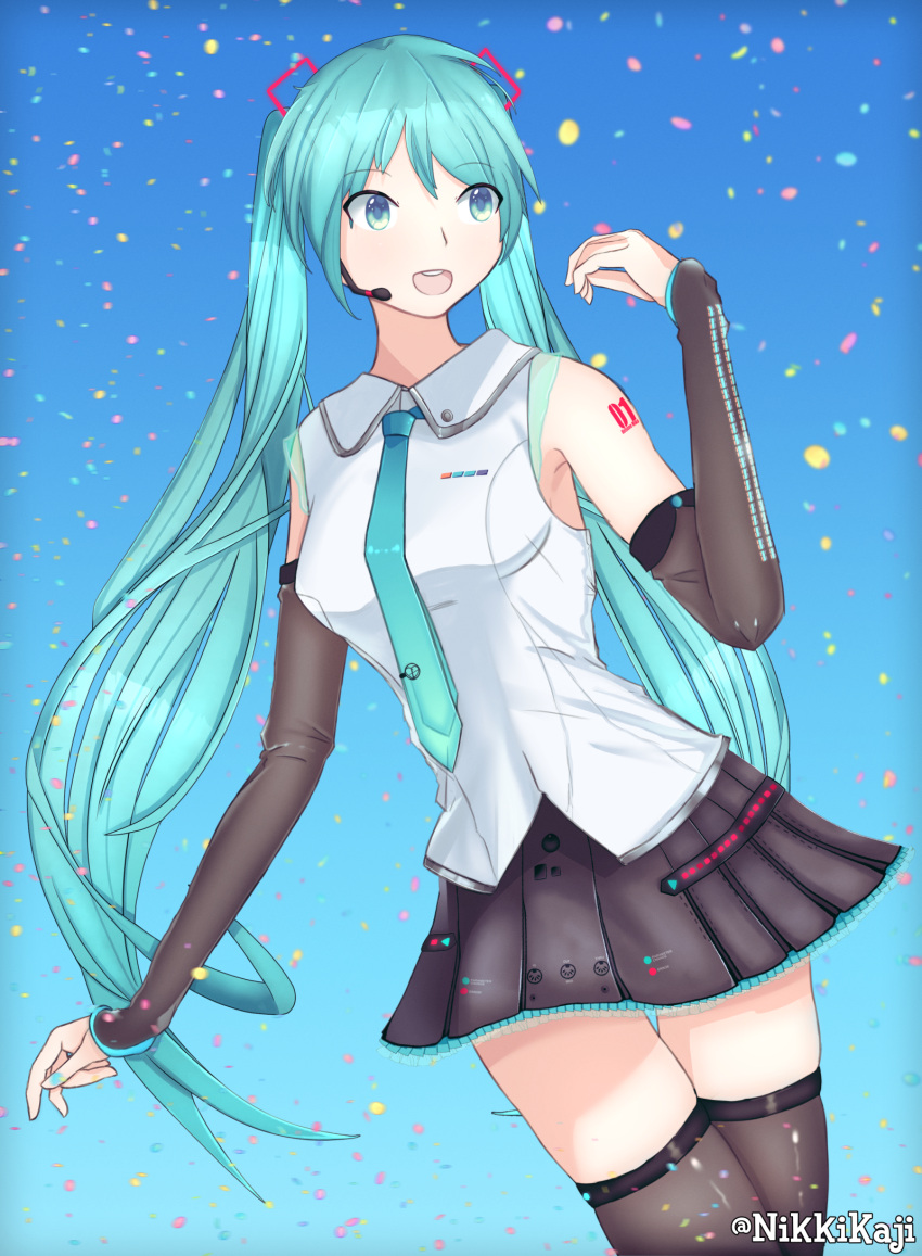 1girl blue_eyes blue_hair confetti detached_sleeves gradient gradient_background hatsune_miku hatsune_miku_(vocaloid4) highres long_hair microphone necktie nikkikaji number_tattoo self_upload shiny shiny_clothes skirt smile tattoo thigh-highs twintails v4x vocaloid