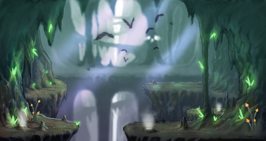 bat bridge cave cliff crystal glowing glowing_crystal glowing_mushroom mushroom myungseop_lee no_humans original rock scenery steam_vent underground