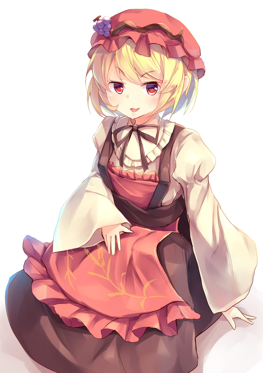 1girl :3 :p absurdres aki_minoriko apron blonde_hair breasts brown_dress brown_neckwear brown_ribbon commentary_request dress eyebrows_visible_through_hair hat highres juliet_sleeves kanzakietc long_sleeves looking_at_viewer mob_cap puffy_sleeves red_apron red_eyes red_headwear ribbon short_hair simple_background sitting small_breasts solo tongue tongue_out touhou v-shaped_eyebrows white_background wide_sleeves