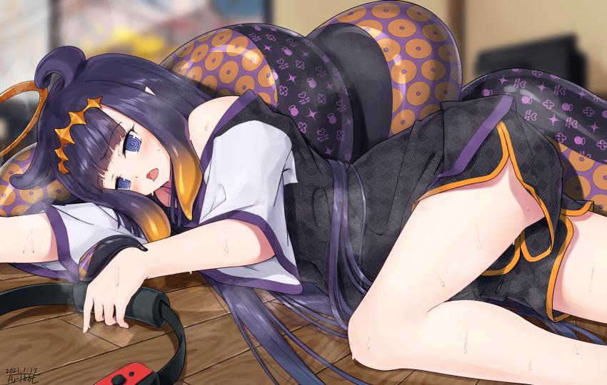 1girl absurdres bangs blue_eyes blunt_bangs blush gradient_hair gym_shorts highres hololive hololive_english long_hair lying multicolored_hair ninomae_ina'nis on_side open_mouth orange_hair pointy_ears purple_hair ring-con ring_fit_adventure shorts solo steam sweat tentacle_hair tentacles traveler_(artbbt) virtual_youtuber wooden_floor