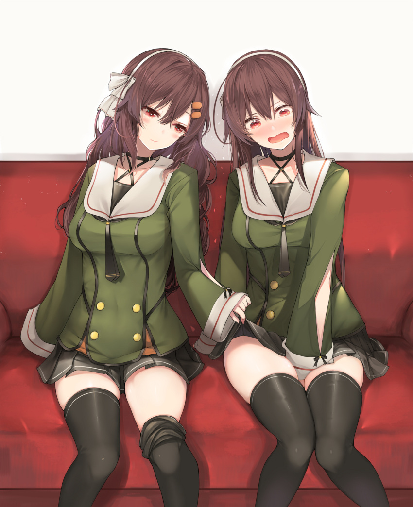 .live 1girl black_legwear blush breasts brown_hair commentary_request couch embarrassed hair_ornament hairclip headband highres kuro_cat_3 long_hair red_eyes simple_background solo thigh-highs virtual_youtuber yaezawa_natori