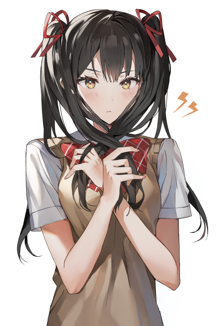 1girl :&lt; absurdres black_hair blonde_hair blush bow bowtie closed_mouth commentary_request gompang hair_ribbon highres holding holding_hair long_hair looking_at_viewer original red_bow red_neckwear red_ribbon ribbon shirt short_sleeves simple_background solo sweater_vest twintails upper_body white_background white_shirt