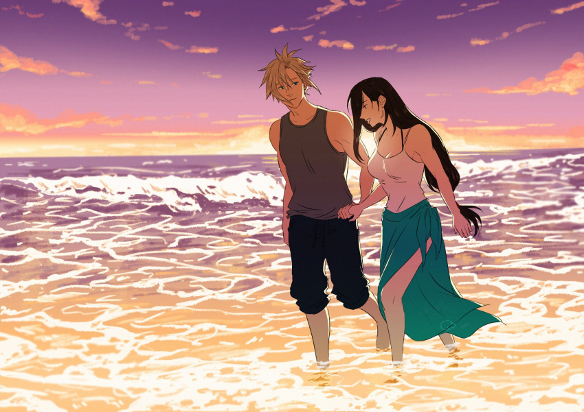 1boy 1girl awandhaway bare_arms beach black_hair black_legwear black_tank_top blonde_hair blue_eyes breasts cloud_strife clouds couple final_fantasy final_fantasy_vii green_sarong highres holding holding_hands large_breasts light_reflection_(water) long_hair looking_at_another looking_down male_swimwear muscular muscular_male nose sand sarong side_slit sky smile spiky_hair sunlight sunset swim_trunks swimwear tank_top tifa_lockhart water waves white_tank_top