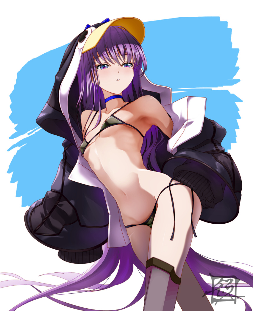 1girl animal_hood armored_boots armpits artist_logo bangs bare_shoulders bikini black_bikini black_jacket blue_bow blue_choker boots bow breasts choker collarbone eyebrows_visible_through_hair fate/grand_order fate_(series) groin highres hood jacket long_hair long_sleeves looking_away looking_to_the_side meltryllis meltryllis_(swimsuit_lancer)_(fate) micro_bikini navel open_clothes open_jacket parted_lips purple_hair sidelocks sleeves_past_fingers sleeves_past_wrists small_breasts solo standing stomach suryua swimsuit thighs very_long_hair violet_eyes wide_sleeves