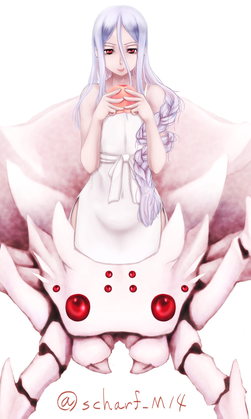 1girl :t arachne bangs bare_shoulders braid closed_mouth collarbone commentary_request dress eating extra_eyes food hair_between_eyes highres holding holding_food insect_girl kumo_desu_ga_nani_ka? kumoko_(kumo_desu_ga_nani_ka?) long_hair looking_at_viewer monster_girl pale_skin red_eyes scharfschutze side_slit sidelocks simple_background single_braid sleeveless sleeveless_dress solo spider_girl spoilers standing twitter_username very_long_hair white_background white_dress white_hair