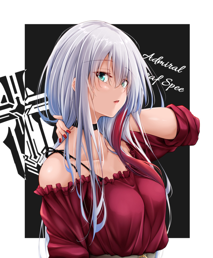 1girl admiral_graf_spee_(azur_lane) alternate_costume alternate_hair_length alternate_hairstyle aqua_eyes arm_behind_head azur_lane bare_shoulders black_background border bra_strap breasts character_name collarbone commentary_request eyebrows_visible_through_hair highres iron_blood_(emblem) long_hair looking_at_viewer medium_breasts multicolored_hair nail_polish oriue_wato red_nails red_shirt redhead shirt silver_hair solo strapless_shirt streaked_hair upper_body white_border