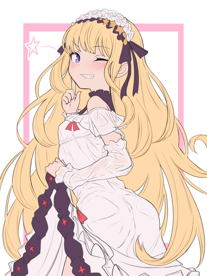 1girl ass back bangs blonde_hair blush breasts cagliostro_(granblue_fantasy) detached_sleeves dress frilled_hairband frills granblue_fantasy grin hairband highres long_hair long_sleeves looking_at_viewer looking_back one_eye_closed small_breasts smile vantrush very_long_hair violet_eyes white_dress