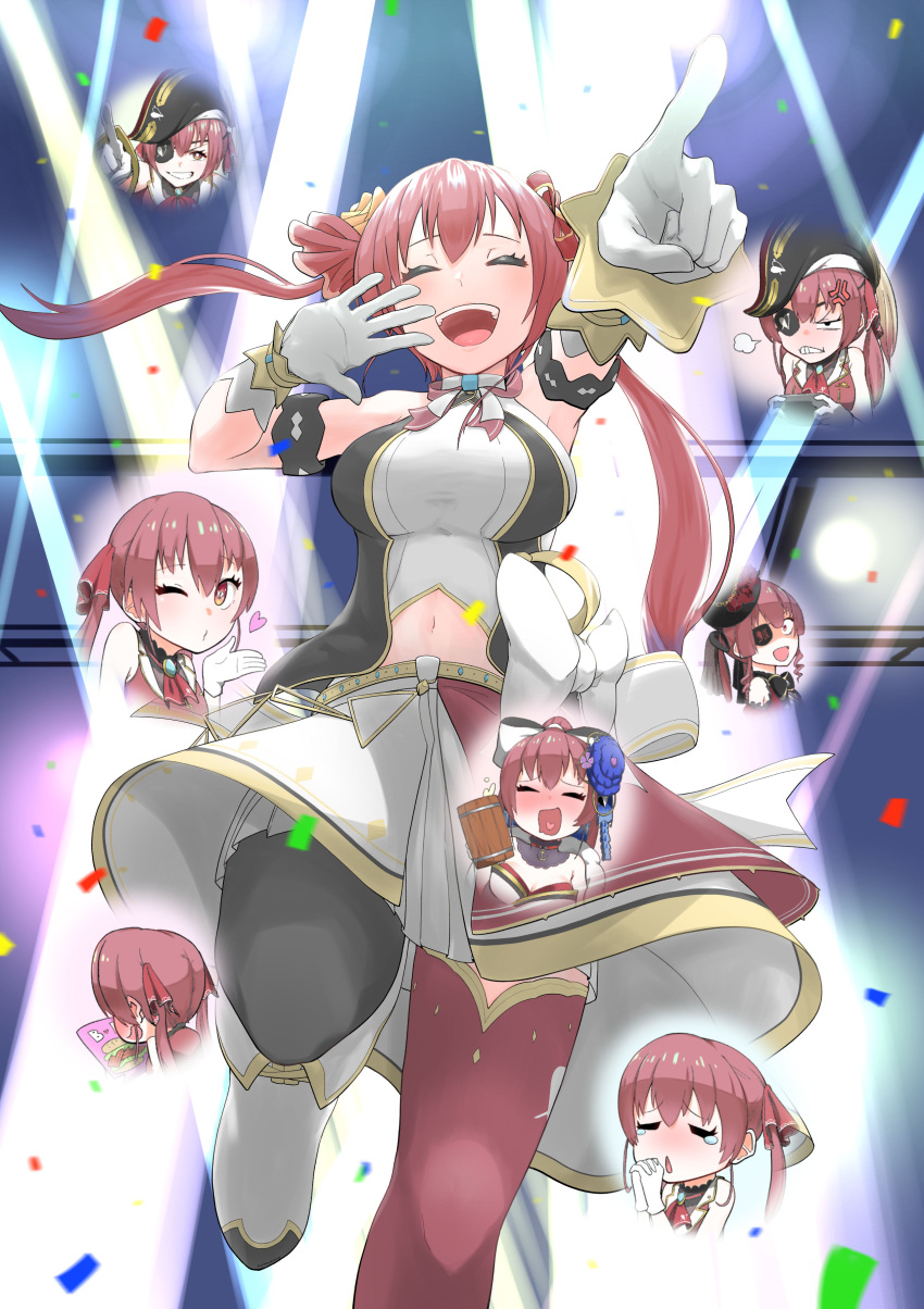 1girl absurdres anger_vein blown_kiss breasts eyepatch gloves gomesu_(gomes0343) hat highres hololive houshou_marine large_breasts midriff mismatched_legwear navel pirate_hat pointing red_eyes redhead skirt spotlight tears twintails virtual_youtuber white_gloves