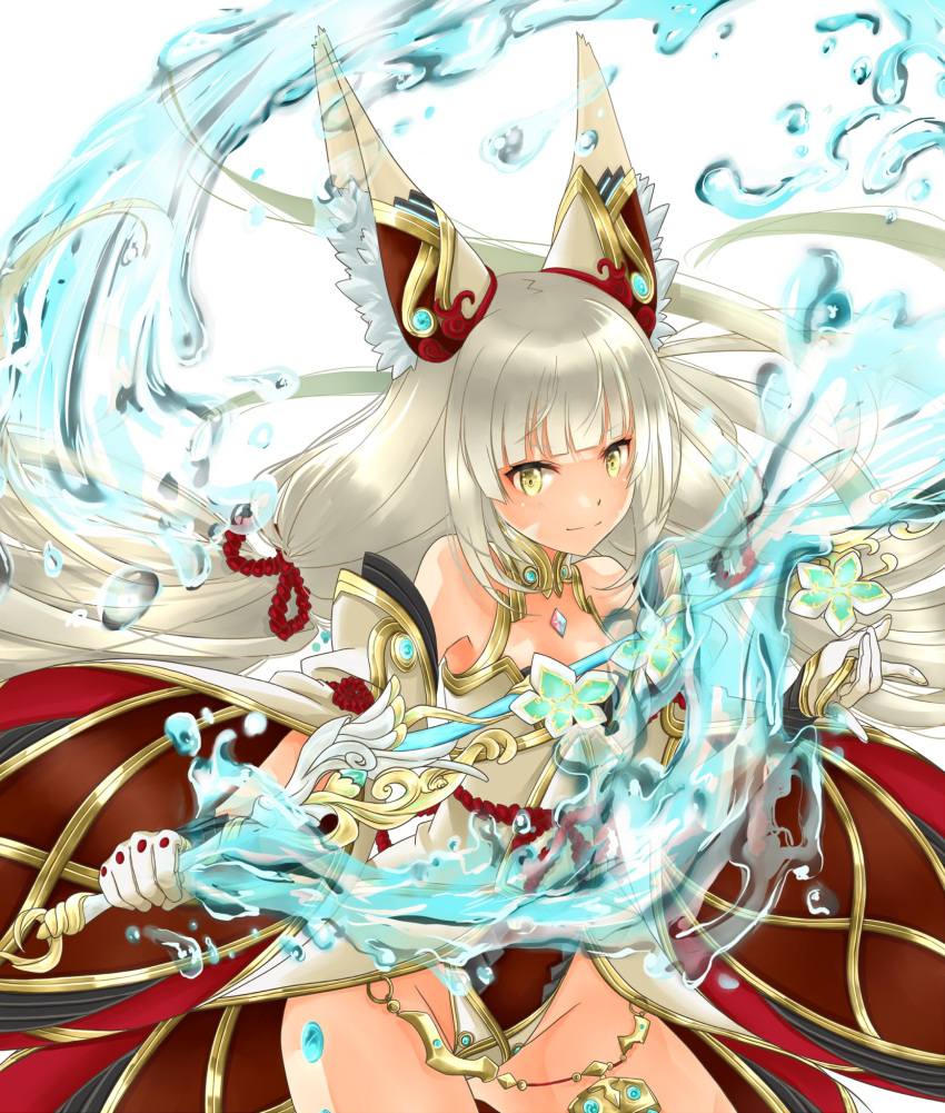 1girl bangs bare_shoulders blunt_bangs breasts cowgirl_position facial_tattoo gloves groin highres holding leotard liquid_weapon long_hair nia_(blade)_(xenoblade) nia_(xenoblade) shiroxai silver_hair simple_background small_breasts solo straddling sword tattoo water weapon white_background xenoblade_chronicles_(series) xenoblade_chronicles_2 yellow_eyes