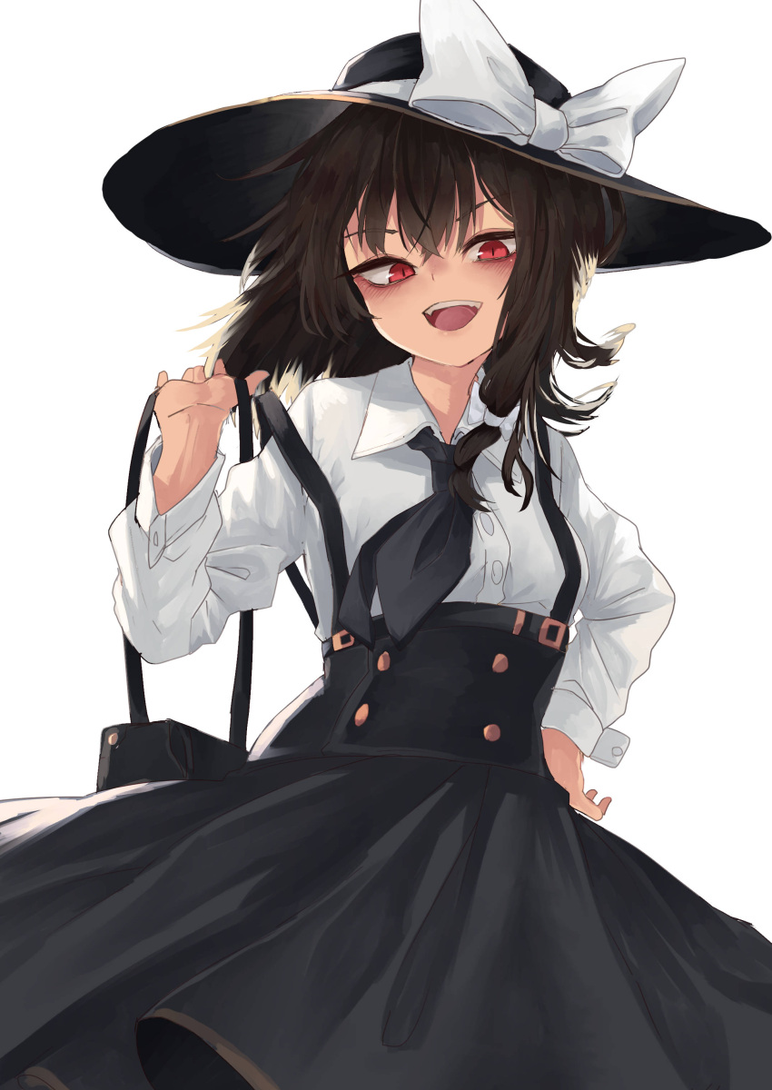 1girl :d absurdres bag bangs black_dress black_headwear black_neckwear blush bow breasts brown_hair cowboy_shot dress eyebrows_visible_through_hair hand_on_hip handbag hat hat_bow highres holding holding_bag long_hair long_sleeves looking_down murayo necktie open_mouth red_eyes shirt simple_background small_breasts smile solo standing touhou usami_renko white_background white_bow white_shirt