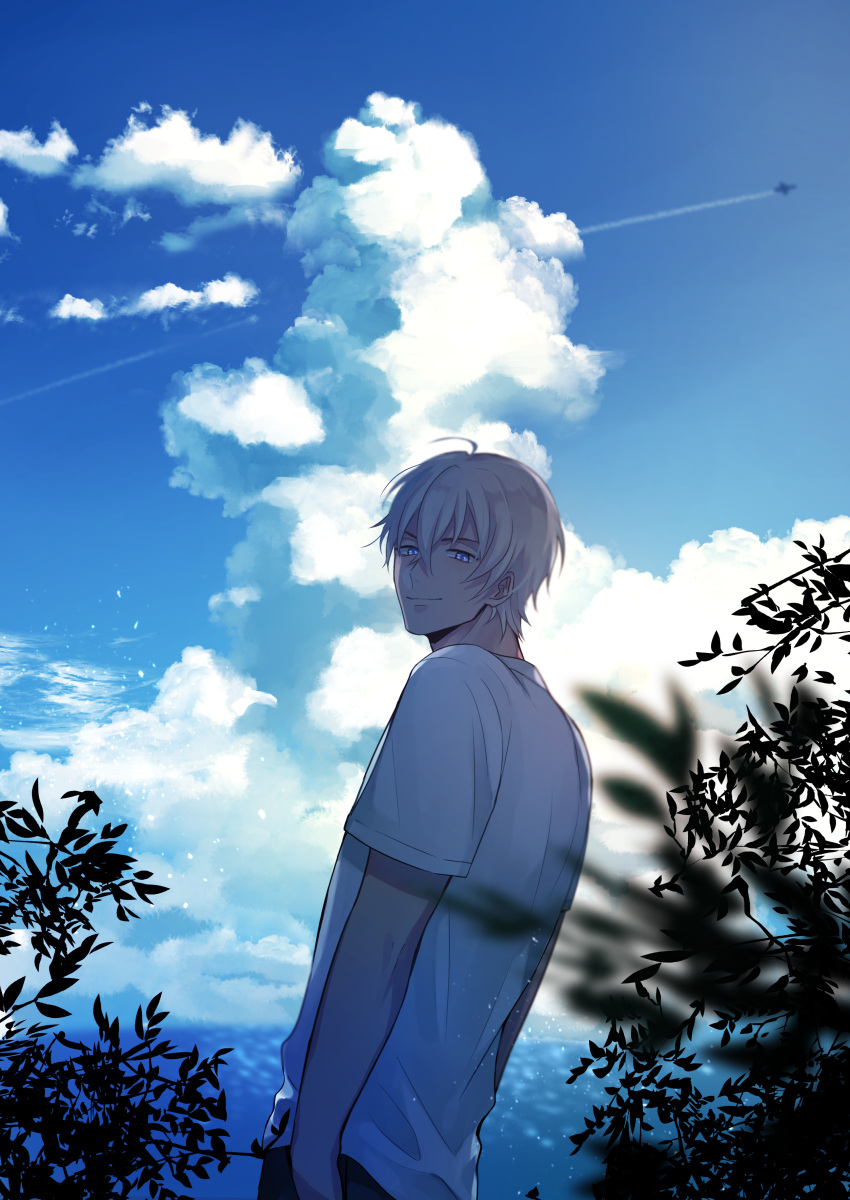 1boy absurdres aircraft airplane amuro_tooru arms_at_sides bangs blonde_hair blue_eyes blue_sky blurry_foreground casual chitose_(chitose_70207) closed_mouth clouds cloudy_sky commentary condensation_trail day hair_between_eyes highres horizon looking_at_viewer looking_back male_focus meitantei_conan outdoors pants plant shirt short_hair short_sleeves sky smile solo standing white_shirt