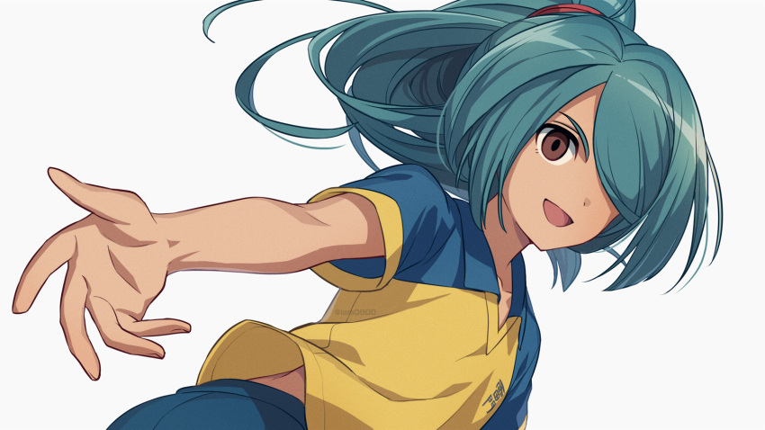 1boy :d blue_shorts brown_eyes commentary dutch_angle floating_hair green_hair hair_over_one_eye happy highres inazuma_eleven inazuma_eleven_(series) kazemaru_ichirouta long_hair male_focus open_mouth outstretched_arm ponytail raimon raimon_soccer_uniform reaching_out sayshownen shirt short_sleeves shorts simple_background smile soccer_uniform solo sportswear twitter_username upper_body watermark white_background yellow_shirt