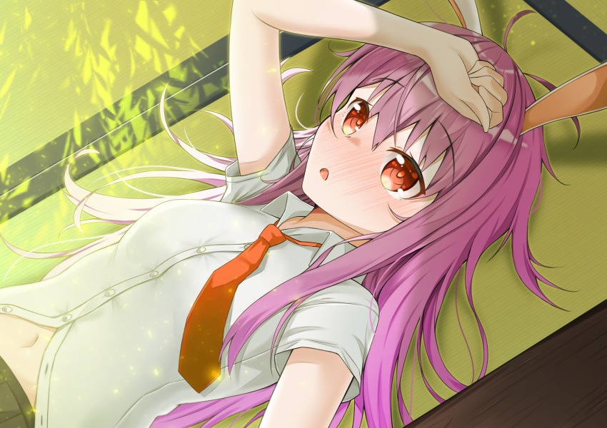 1girl animal_ears arm_up blush breasts eyebrows_visible_through_hair hand_on_own_forehead highres korean_commentary long_hair looking_up lying medium_breasts mixed-language_commentary navel necktie on_back on_floor parted_lips purple_hair rabbit_ears red_eyes red_neckwear reisen_udongein_inaba ridario_(eag0003) shirt short_sleeves solo sunlight tatami touhou upper_body very_long_hair white_shirt