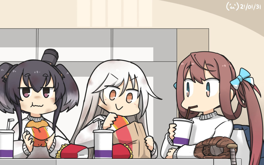 3girls asagumo_(kantai_collection) baseball baseball_bat baseball_mitt black_hair blush brown_hair closed_mouth dated drinking_straw eyebrows_visible_through_hair food grey_eyes hair_between_eyes hamburger hamu_koutarou highres holding holding_food kantai_collection kikuzuki_(kantai_collection) long_hair long_sleeves multiple_girls orange_eyes shirt smile tokitsukaze_(kantai_collection) twintails v-shaped_eyebrows violet_eyes white_hair white_shirt