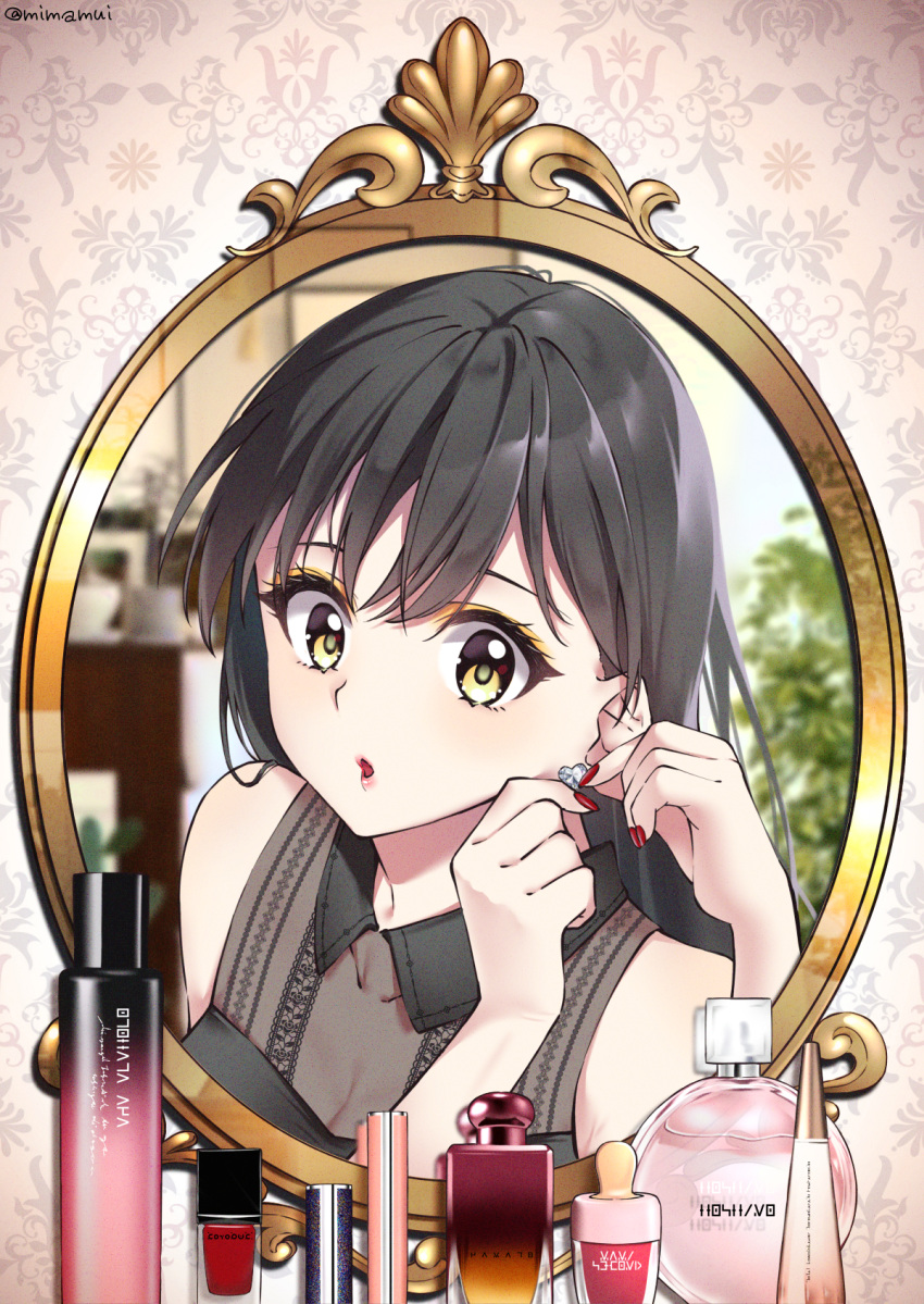 1girl :o bangs bare_shoulders black_hair blush bottle character_request collarbone commentary_request earrings eyeshadow female_pov fingernails gals! heart heart_earrings highres jewelry long_fingernails long_hair looking_at_viewer makeup mimamui mirror nail_polish open_mouth perfume_bottle pov red_nails reflection solo twitter_username wing_collar yellow_eyes