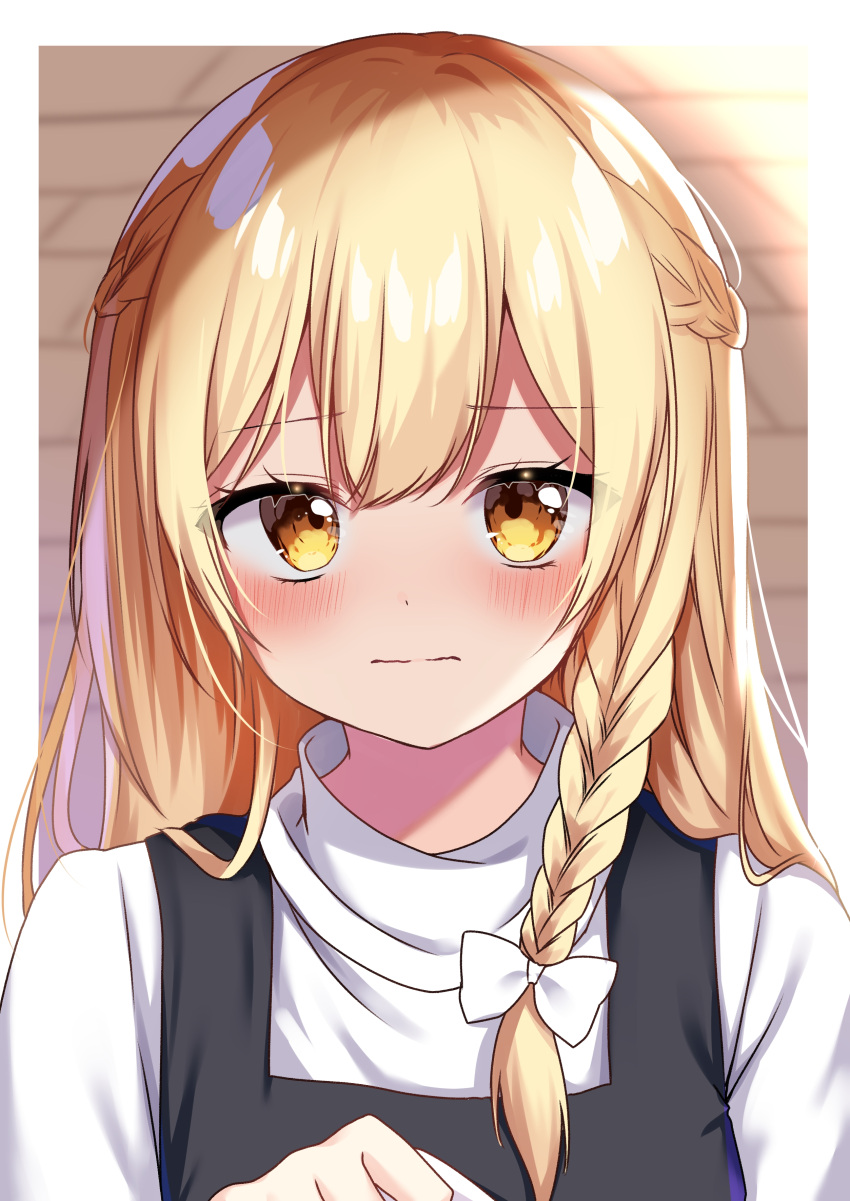 1girl absurdres blonde_hair bow braid closed_mouth commentary_request eyebrows_visible_through_hair hair_bow highres kirisame_marisa long_hair looking_at_viewer no_hat no_headwear shiki_(s1k1xxx) single_braid solo touhou upper_body white_bow yellow_eyes