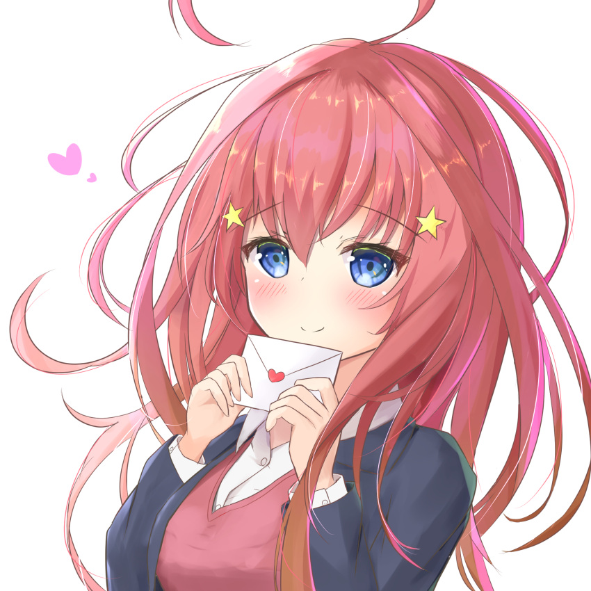 1girl ahoge bangs blue_eyes blush breasts closed_mouth eyebrows_visible_through_hair go-toubun_no_hanayome hair_between_eyes hair_ornament hands_up heart highres holding holding_letter kirikaze_ren large_breasts letter long_hair long_sleeves looking_at_viewer love_letter nakano_itsuki redhead shirt simple_background smile solo star_(symbol) star_hair_ornament white_background