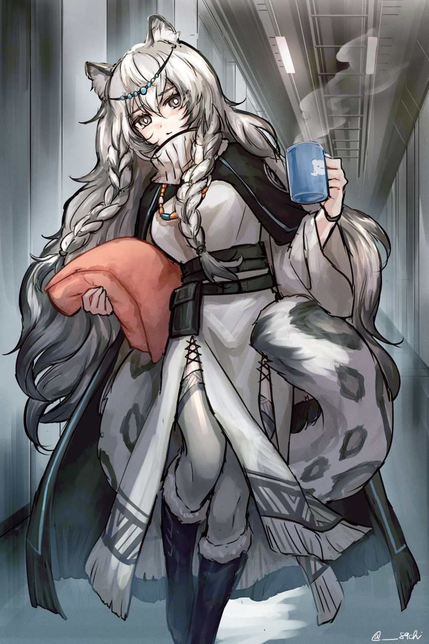 absurdres animal_ear_fluff animal_ears arknights bead_necklace beads bell black_cape cape cup grey_eyes grey_hair head_chain highres holding holding_bell holding_cup jewelry leopard_ears leopard_girl leopard_tail long_hair long_sleeves mug necklace pramanix_(arknights) side_braids snow_leopard spotted_fur steam tail turtleneck_dress