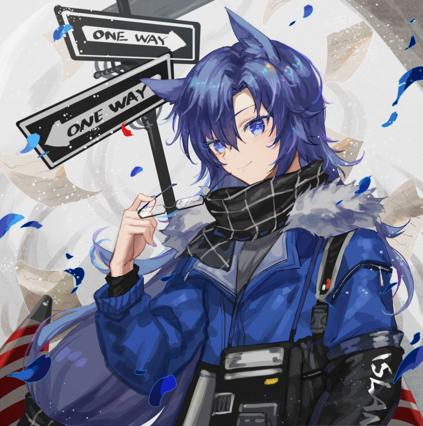 1girl animal_ears arknights bangs blue_eyes blue_hair blue_jacket blue_nails commentary_request english_text fang_(arknights) fang_(cruciata)_(arknights) fur-trimmed_jacket fur_trim glasses highres holding holding_eyewear jacket long_hair long_sleeves looking_at_viewer official_alternate_costume scarf semi-rimless_eyewear sign smile solo spacelongcat under-rim_eyewear upper_body