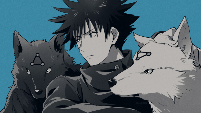 1boy animal bangs blue_background blue_eyes blue_theme closed_mouth commentary dog familiar fingernails fushiguro_megumi gakuran hair_between_eyes hand_on_another's_head high_collar highres jacket jujutsu_kaisen long_sleeves looking_to_the_side male_focus monochrome petting sayshownen school_uniform serious short_hair spiky_hair spot_color twitter_username upper_body watermark