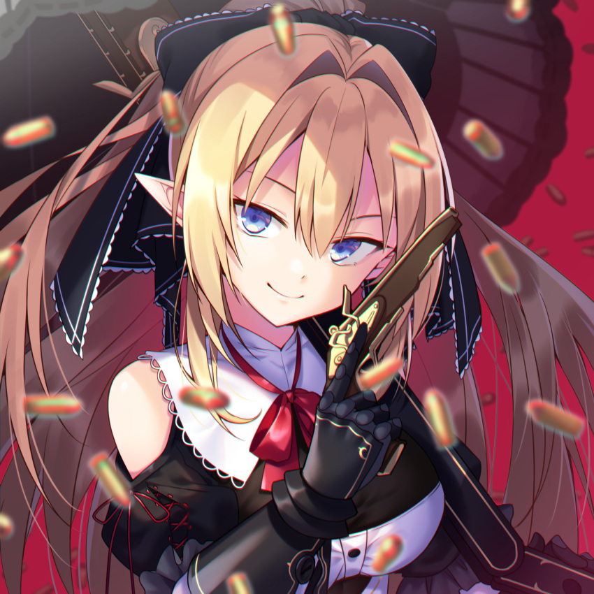 1girl black_gloves blonde_hair blue_eyes blurry bow breasts bullet clothing_cutout depth_of_field gauntlets gloves gun hair_between_eyes hair_bow hair_intakes handgun highres holding ichiren_namiro large_breasts long_hair looking_at_viewer mist_train_girls neck_ribbon pistol pointy_ears ponytail ribbon shoulder_cutout sidelocks smile solo trigger_discipline umbrella upper_body weapon wing_collar