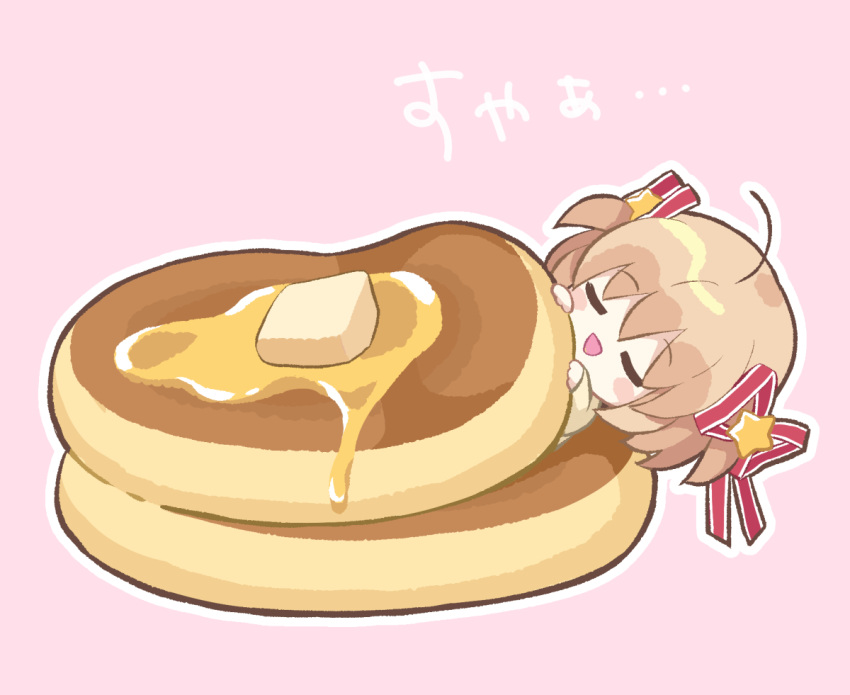 1girl blonde_hair butter closed_eyes commentary_request food hair_ornament hair_ribbon hoshimame_mana in_food kamikita_komari little_busters!! lying oversized_food oversized_object pancake pink_background red_ribbon ribbon short_hair simple_background sleeping solo star_(symbol) star_hair_ornament translation_request