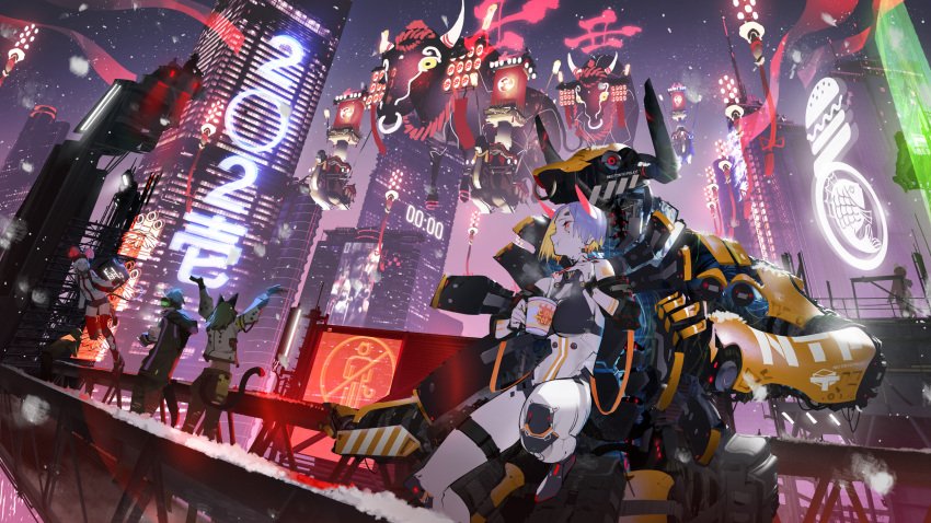 1girl :t \o/ aircraft airship animal_ears arms_up breasts building cat_ears cat_tail chinese_zodiac city_lights closed_mouth cup hands_up highres holding holding_cup horns joints jumping large_breasts navel nengajou neon_lights new_year night night_sky original outstretched_arms people purple_hair ramen red_eyes robot robot_joints ryota-h short_hair sky skyscraper smile snow solo_focus star_(sky) starry_sky tagme tail tassel thigh_strap year_of_the_ox
