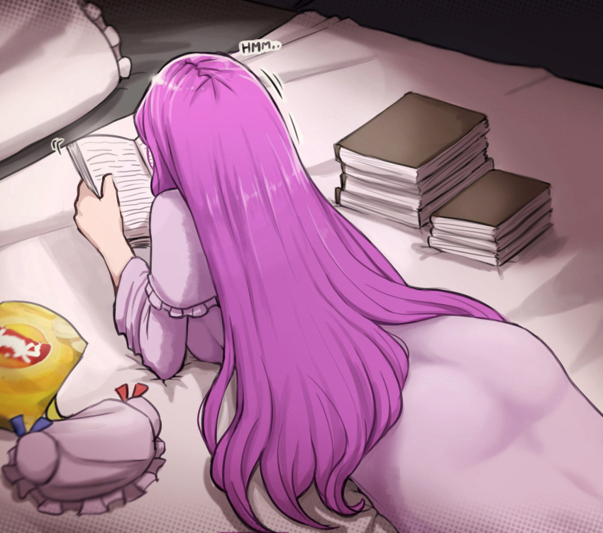 1girl ass bed blue_ribbon book book_stack capelet chips commentary crescent crescent_pin english_commentary food from_behind hat hat_removed hat_ribbon headwear_removed highres long_hair lying mata_(matasoup) mob_cap on_stomach open_book patchouli_knowledge pillow purple_hair reading red_ribbon ribbon robe solo touhou very_long_hair