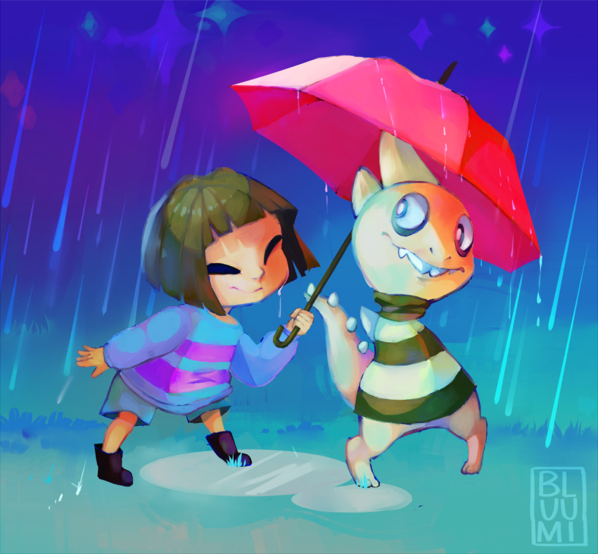 bluumi closed_eyes commentary english_commentary facing_another frisk_(undertale) holding holding_umbrella monster_kid_(undertale) rain umbrella undertale