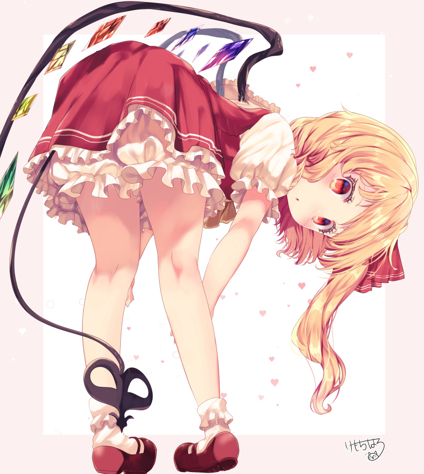 1girl absurdres ass bare_legs bent_over blonde_hair bloomers bobby_socks flandre_scarlet full_body hair_ribbon highres kemo_chiharu laevatein_(tail) long_hair looking_at_viewer looking_back pigeon-toed puffy_short_sleeves puffy_sleeves red_eyes red_footwear red_ribbon red_skirt red_vest ribbon shirt shoes short_sleeves side_ponytail signature skirt socks solo standing tail touhou underwear vest white_legwear white_shirt wings