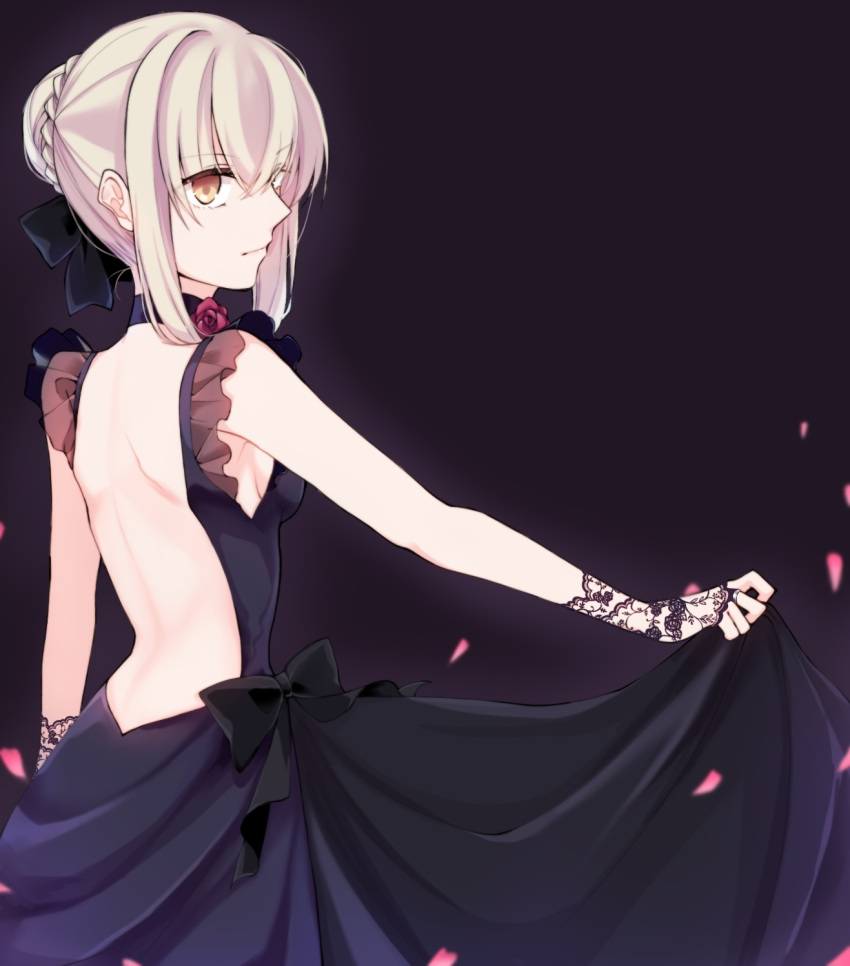 1girl artoria_pendragon_(all) backless_dress backless_outfit bangs black_background black_bow bow braid braided_bun breasts choker closed_mouth dress eyebrows_visible_through_hair fate/stay_night fate_(series) flower from_behind hair_between_eyes hair_bow highres maru_(pixiv51714255) petals purple_choker purple_dress red_flower red_rose rose saber_alter short_hair shoulder_blades sideboob silver_hair skirt_hold sleeveless sleeveless_dress small_breasts solo yellow_eyes