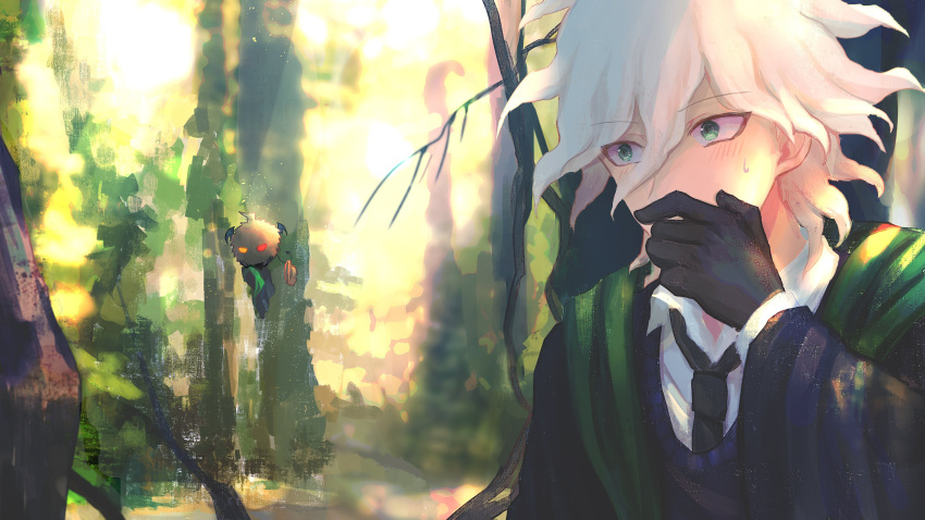1boy absurdres ahoge bangs black_cloak black_gloves black_neckwear blush cloak collared_shirt commentary_request covered_mouth covering_mouth creature demon_tail demon_wings eyebrows_visible_through_hair forest gloves green_cloak green_eyes hair_between_eyes hand_up heterochromia highres hinata_hajime komaeda_nagito long_sleeves looking_at_another male_focus nature necktie outdoors red_eyes shirt short_hair sweatdrop tail white_hair white_shirt wings yellow_eyes zhuo_ying