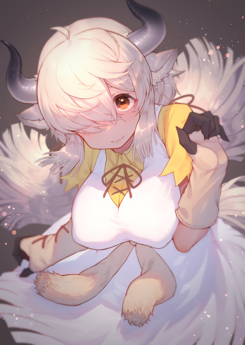 1girl absurdres ahoge animal_ears bangs black_horns blonde_hair breasts brown_eyes brown_neckwear closed_mouth collared_shirt dress floating_hair gloves grey_horns hair_over_one_eye hair_ribbon hand_up highres horns kemono_friends kemono_friends_3 large_breasts leaning_forward long_dress long_hair looking_at_viewer multicolored_horns neck_ribbon ox_ears ox_girl ox_horns parted_bangs ribbon shirt short_sleeves smile solo st.takuma tail very_long_hair white_dress wing_collar yak_(kemono_friends) yellow_shirt