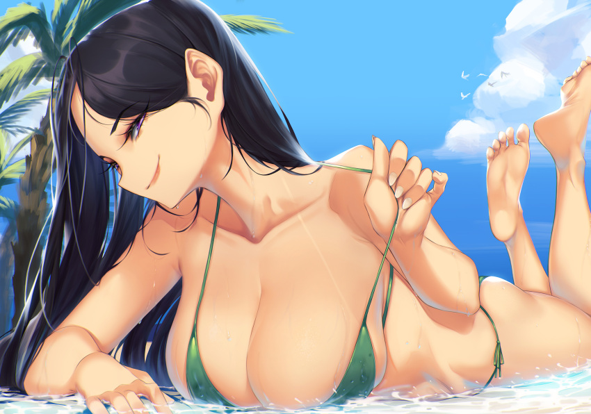 1girl arm_support bangs barefoot beach bikini bikini_tan black_hair blueorca breasts collarbone day dripping feet feet_up fingernails green_bikini half-closed_eyes head_tilt highres large_breasts lips long_hair looking_at_viewer lying on_ground on_stomach original outdoors palm_tree parted_bangs pulled_by_self side-tie_bikini smirk soles solo strap_pull string_bikini sunlight swimsuit tan tanline the_pose tree violet_eyes water wet