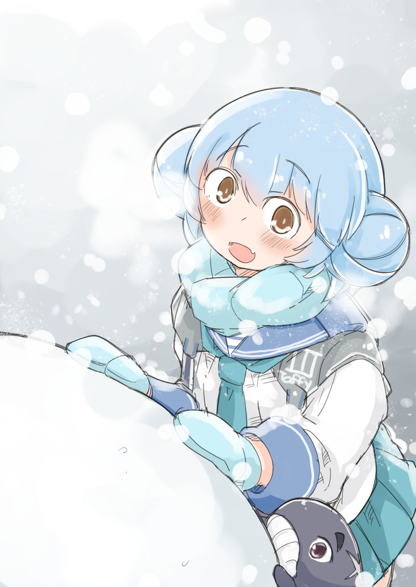 1girl 1other absurdres blue_hair blush double_bun enjaku_izuku fang highres kantai_collection little_blue_whale_(kantai_collection) mittens open_mouth samuel_b._roberts_(kantai_collection) scarf skin_fang snow snowball