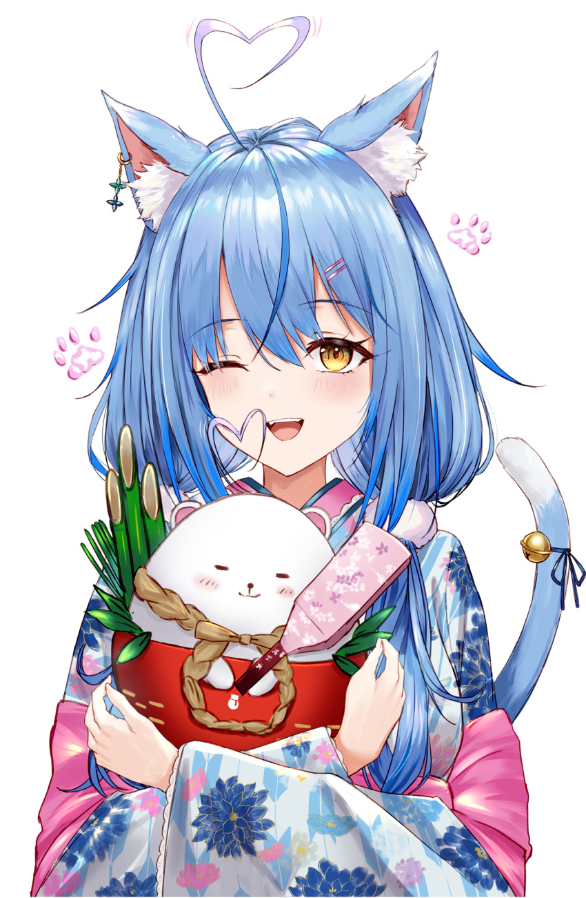 1girl :d ahoge ahoge_wag animal_ear_fluff animal_ears bangs bell blue_hair blue_kimono blush cat_ears cat_girl cat_tail creature daifuku_(yukihana_lamy) dejio expressive_hair floral_print hair_between_eyes heart_ahoge highres holding_creature hololive japanese_clothes jingle_bell kadomatsu kimono long_hair looking_at_viewer multicolored_hair new_year one_eye_closed open_mouth smile solo streaked_hair tail tail_bell tail_ornament upper_body virtual_youtuber yellow_eyes yukihana_lamy