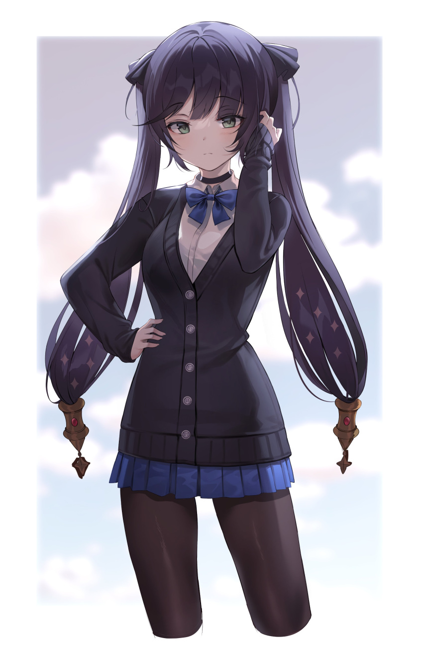 1girl absurdres black_cardigan black_choker black_legwear blue_neckwear blue_skirt bow bowtie cardigan choker closed_mouth commentary_request frown genshin_impact green_eyes hair_ornament hair_ribbon hand_in_hair harusame_(user_wawj5773) highres long_hair long_sleeves looking_at_viewer mona_(genshin_impact) pantyhose purple_hair ribbon school_uniform skirt solo standing twintails