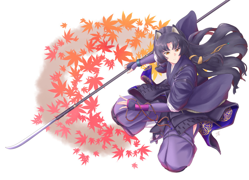 1girl absurdres animal_ears arknights black_hair brown_eyes closed_mouth dog_ears faulds fingerless_gloves gloves highres hip_vent holding holding_naginata holding_weapon infection_monitor_(arknights) japanese_clothes kimono long_hair long_sleeves naginata pants polearm purple_kimono purple_pants saga_(arknights) shao_(newton) solo weapon