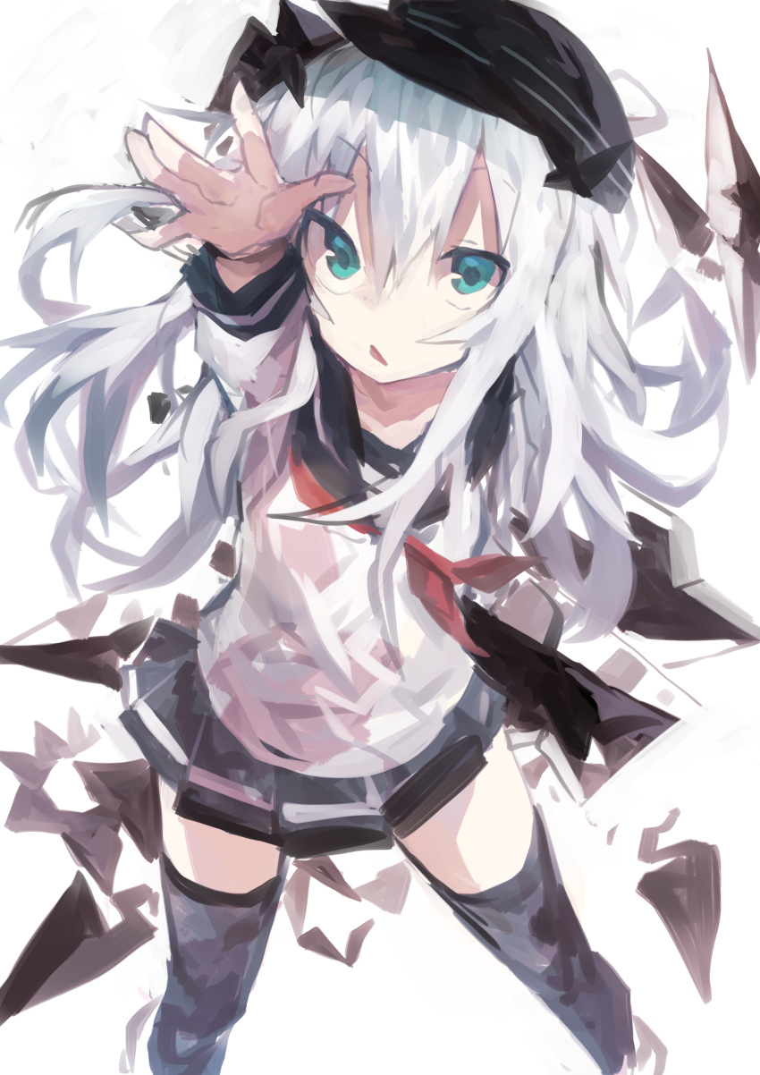 1girl absurdres black_headwear black_legwear black_sailor_collar black_skirt blue_eyes eyebrows_visible_through_hair flat_cap hair_between_eyes hat hibiki_(kantai_collection) highres kaamin_(mariarose753) kantai_collection long_hair long_sleeves neckerchief open_mouth pleated_skirt red_neckwear sailor_collar school_uniform serafuku silver_hair skirt solo thigh-highs